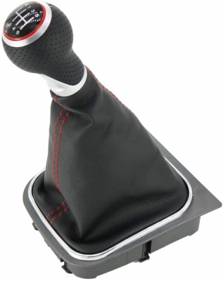 Πόμολο 6 Ταχυτήτων με Φυσούνα Λεβιέ Δερματίνη για VW Golf 6 A6 MK6 GTI GTD R20 2009 - 2013 Μαύρο με Κόκκινη Ραφή